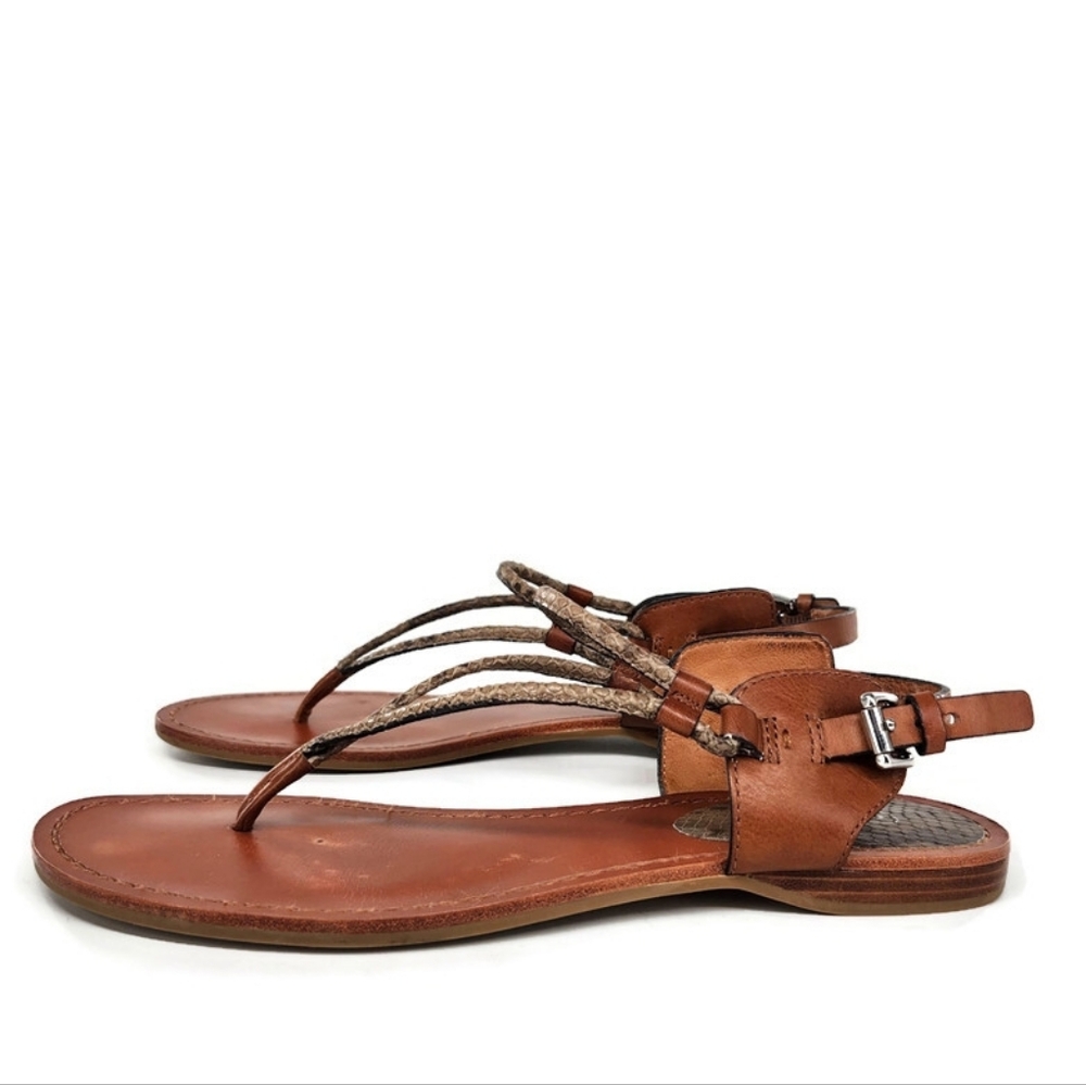 Coach Coco Tan Leather & Python Snake Print T-Strap Slingback Flat Thong Sandals - Picture 3 of 13
